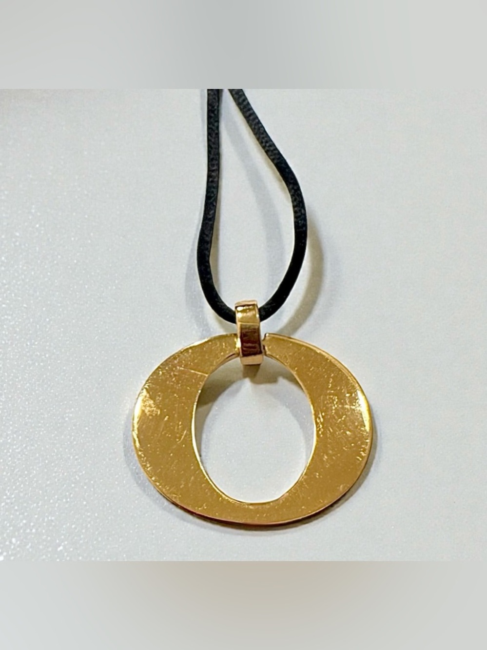 Dior Vintage Signed 18K Gold Plated Large O Pendant Black Silk Cord Necklace